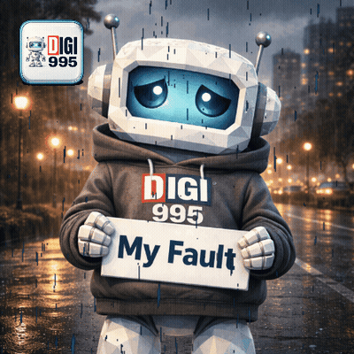 Robot Holding Sign My Fault GIF