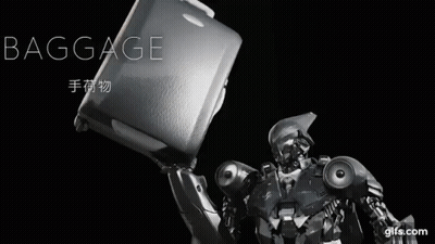 Robot Holding Suitcase Saying Baggage GIF