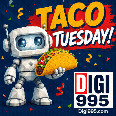Robot Holding Taco In Front Of Taco Tuesday Sign GIF