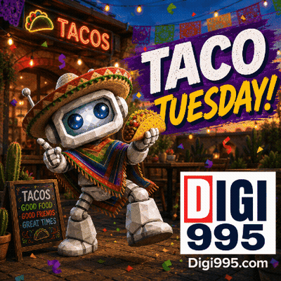 Robot Holding Taco In Front Of Tacos Restaurant GIF