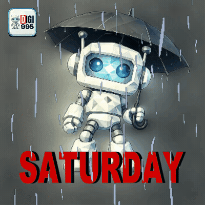 Robot Holding Umbrella Saying Saturday In Red GIF