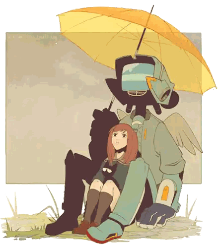 Robot Holding Umbrella With Girl On Lap Sticker