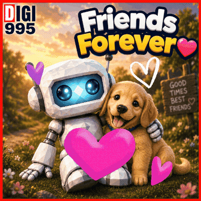 Robot Hugging Puppy With Pink Heart Good Times Best Friends