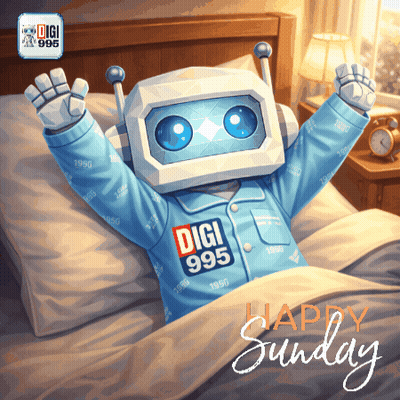 Robot In Bed Saying Happy Sunday GIF