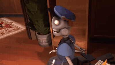 Robot In Blue Hat Standing Beside Plant GIF