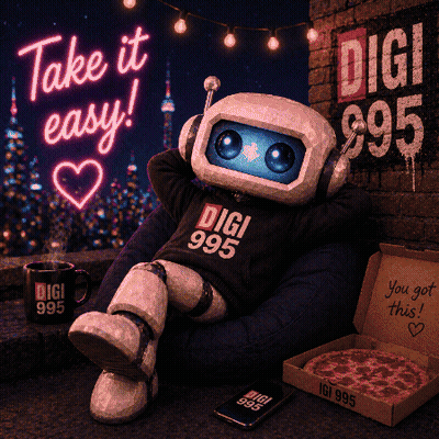 Robot In Digi 995 Shirt Next To Pizza And Mug GIF