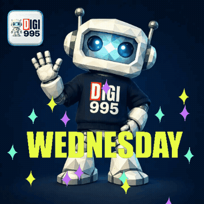 Robot in Digi 995 Shirt Standing in Front of Wednesday Sign