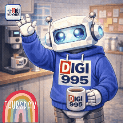 Robot In Digi 995 Sweater Holding Coffee Mug GIF