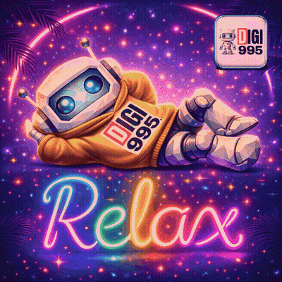 Robot In Digi 999 Sweatshirt Laying In Front Of Relax Neon Sign GIF