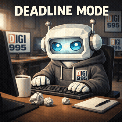 Robot In Digi Hoodie Typing On Computer GIF