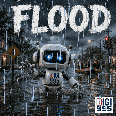 Robot in Flooded Street with Flood Text