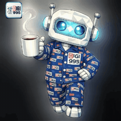 Robot In Pajamas Holding Coffee With Digi 995 GIF