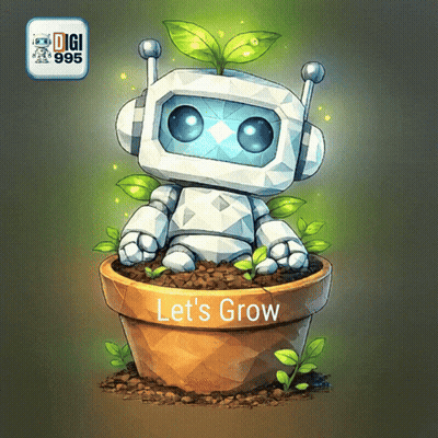 Robot In Pot Saying Let's Grow GIF