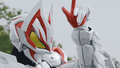 Robot In Red And White Helmet Making Peace Sign GIF