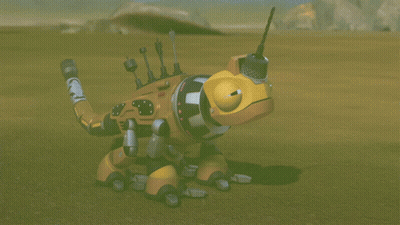 Robot Laying In Dirt Yellow Head GIF