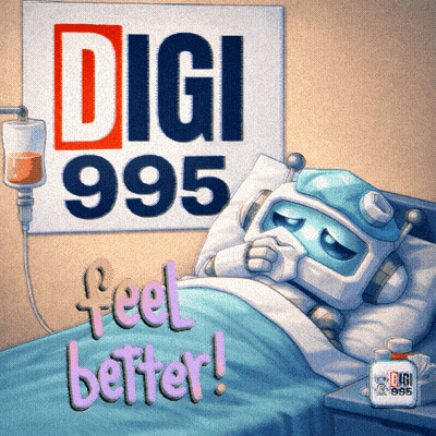 Robot Laying In Hospital Bed Under Digi 995 Sign GIF