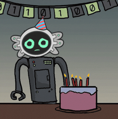 Robot Next To Cake With Candles GIF