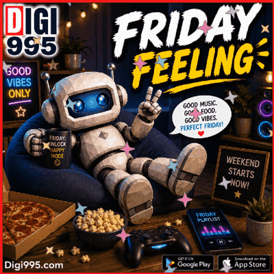Robot On Bean Bag Holding Friday Cup GIF