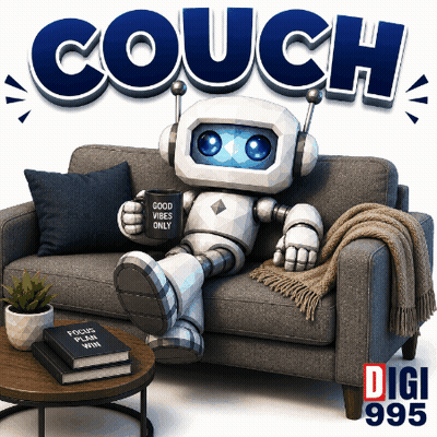 Robot On Couch Holding Good Vibes Only Mug GIF