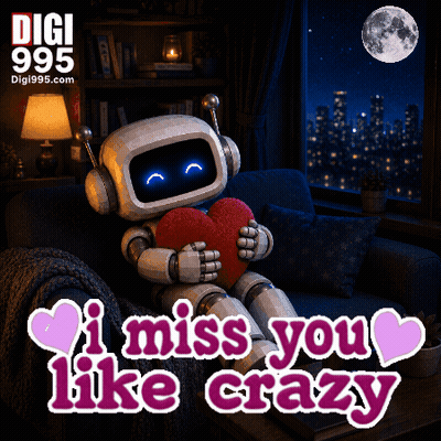 Robot on Couch Holding Red Heart Saying I Miss You Like Crazy