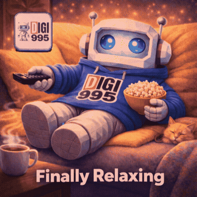 Robot On Couch With Remote And Popcorn Saying Finally Relaxing GIF