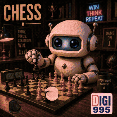 Robot Playing Chess With Win Think Repeat Sign GIF