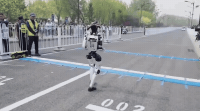 Robot Running Race Number 15 GIF