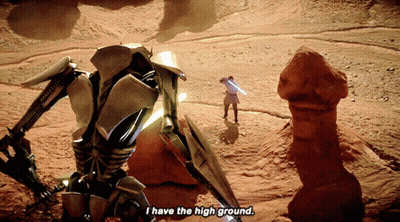 Robot Saying I Have the High Ground to Man