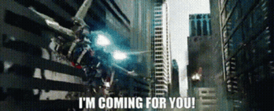 Robot Says I'm Coming For You Flying Through City GIF