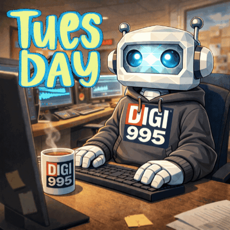 Robot Sitting At Desk With Coffee And Tuesday Sign GIF