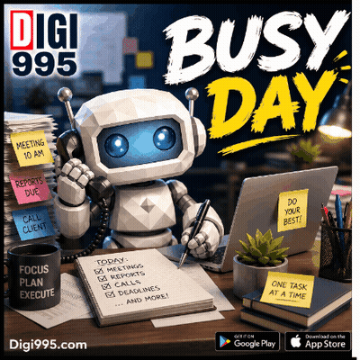 Robot Sitting At Desk With Laptop And Sticky Note Saying Do Your Best GIF