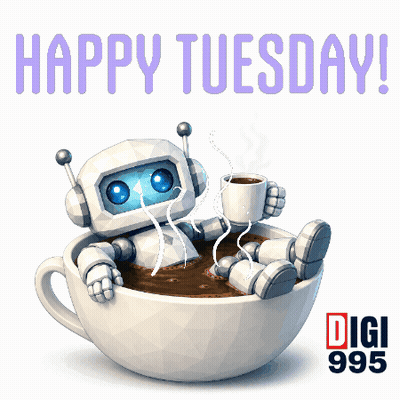 Robot Sitting In Coffee Cup Holding Coffee GIF