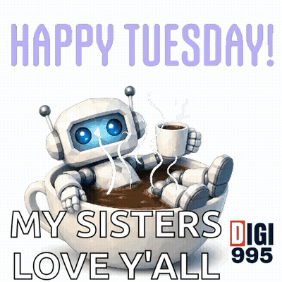 Robot Sitting In Coffee Happy Tuesday My Sisters Love Y All GIF