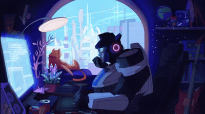 Robot Sitting In Front Of Computer Screen GIF