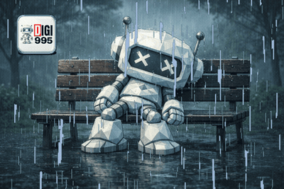 Robot Sitting On Bench In Rain GIF