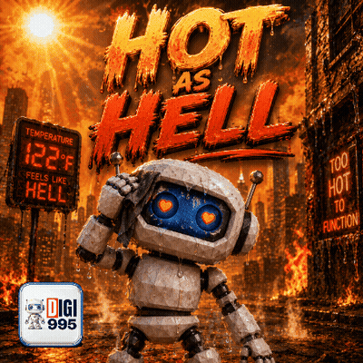 Robot Standing By Hot As Hell Sign GIF