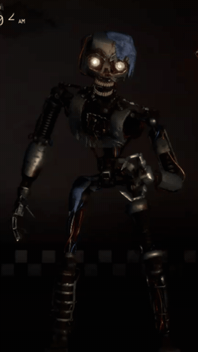 Robot Standing In Dark Room At 8:08 GIF