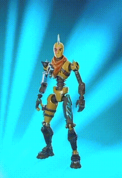 Robot Standing In Front Of Blue Curtain With Arms Outstretched GIF