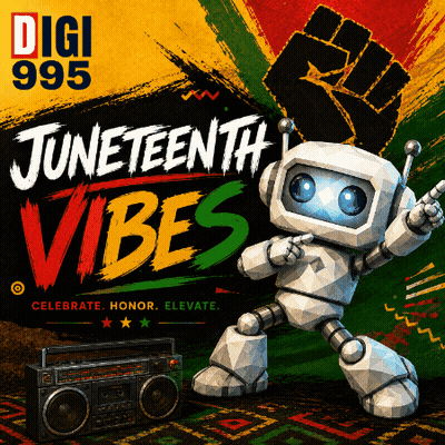 Robot Standing In Front Of Digi 985 Sign GIF