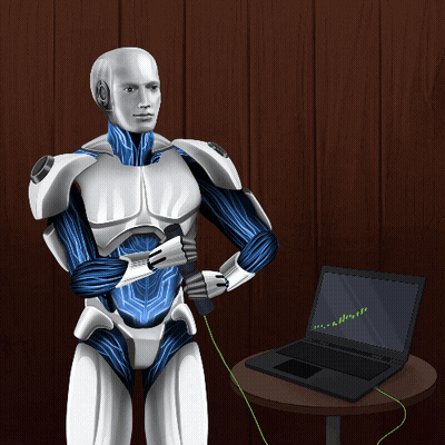 Robot Standing Next To Laptop With Graph GIF