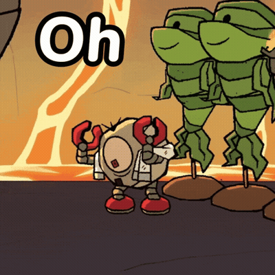 Robot Standing Next To Two Turtles Saying Oh GIF