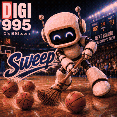 Robot Sweeping Basketballs In Front Of Digi 995 Sign GIF