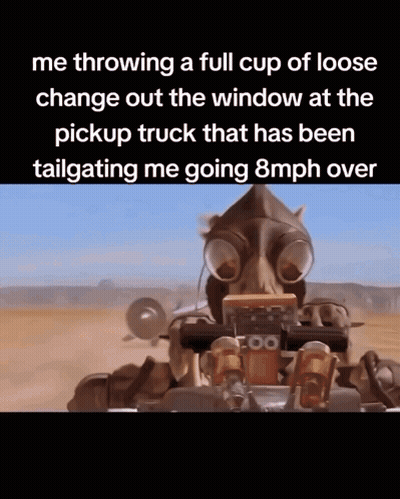 Robot Throwing Loose Change Out Window At Pickup Truck GIF