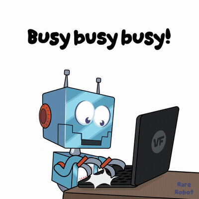 Robot Using Laptop Saying Busy Busy Busy GIF