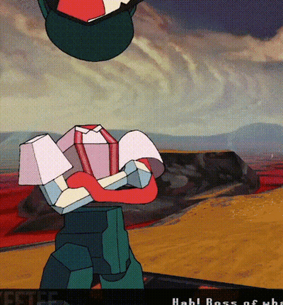Robot Video Game Screen Saying Hab Boss of Wha