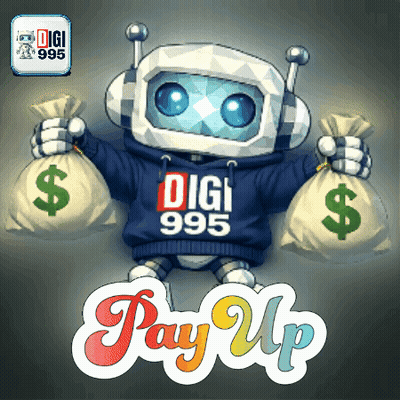 Robot Wearing Digi 995 Pay Up Sweatshirt Holding Money Bags GIF