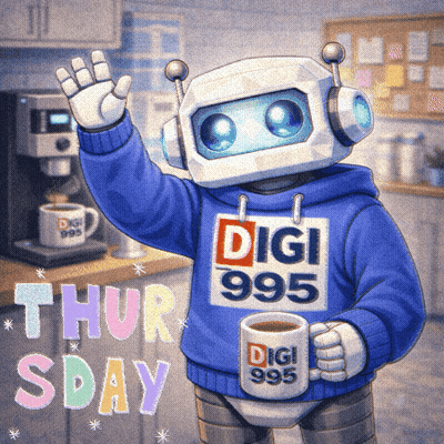 Robot Wearing Digi 995 Sweater Holding Coffee GIF