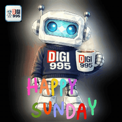 Robot Wearing Digi 995 Sweater Holding Coffee GIF