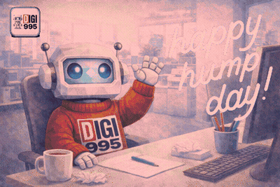Robot Wearing Digi Sweater At Desk GIF