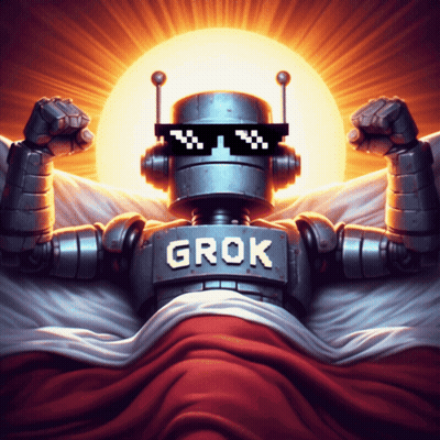 Robot Wearing Sunglasses With Grok On Chest GIF
